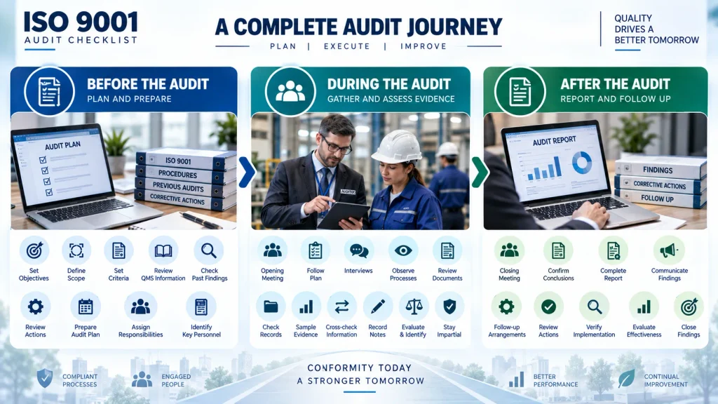 How to Conduct an ISO 9001 Audit: A Practical Guide for Aspiring Lead Auditors 5 ISO 9001 Audit Journey Infographic