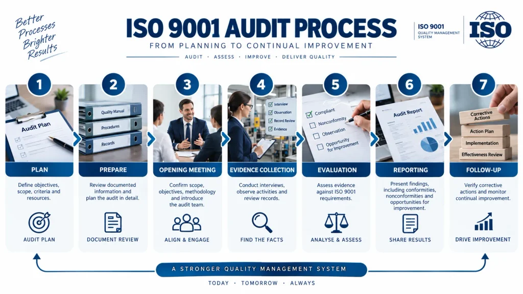 How to Conduct an ISO 9001 Audit: A Practical Guide for Aspiring Lead Auditors 1 ISO 9001 Audit Process Infographic
