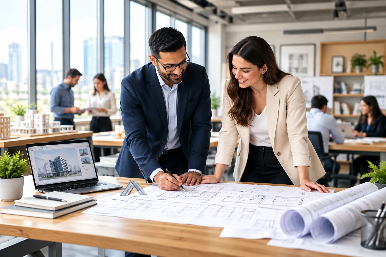 Professionals collaborating over technical drawings in a modern workplace