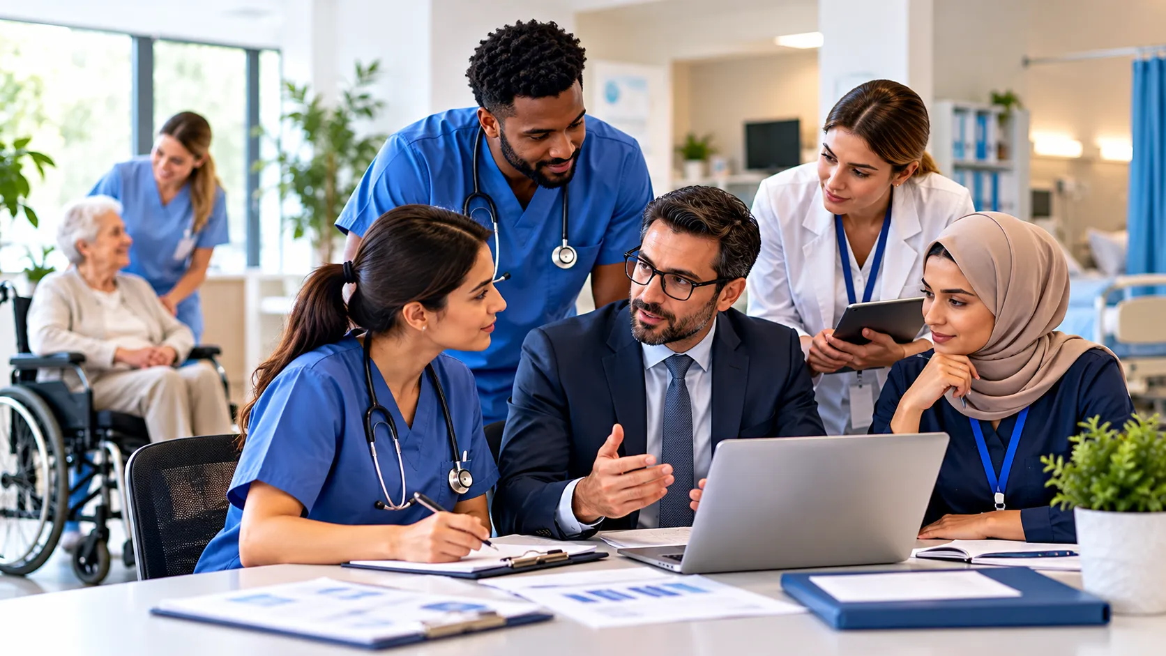 Healthcare professionals discussing patient care and service management