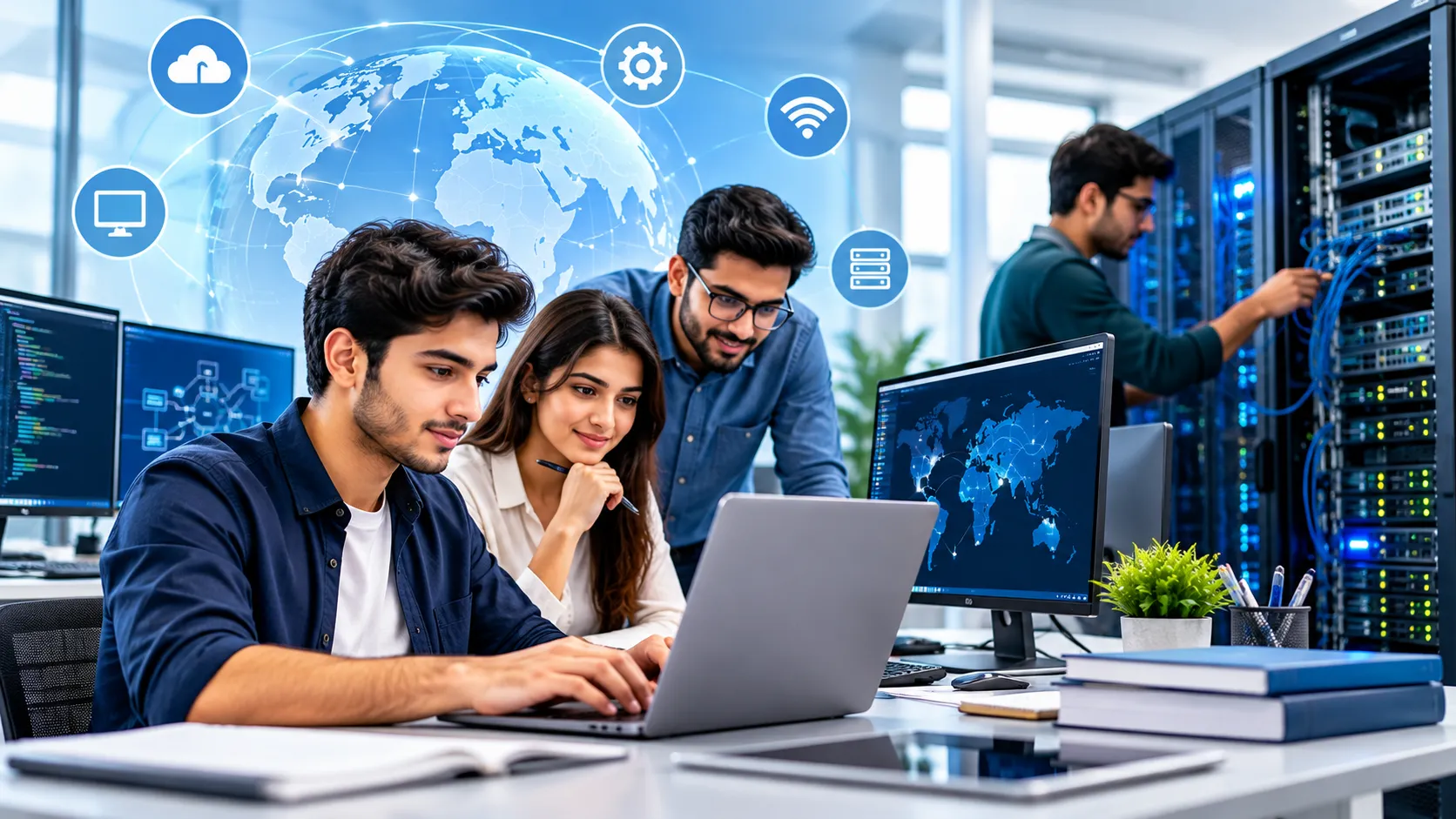 IT professionals collaborating at a computer workstation