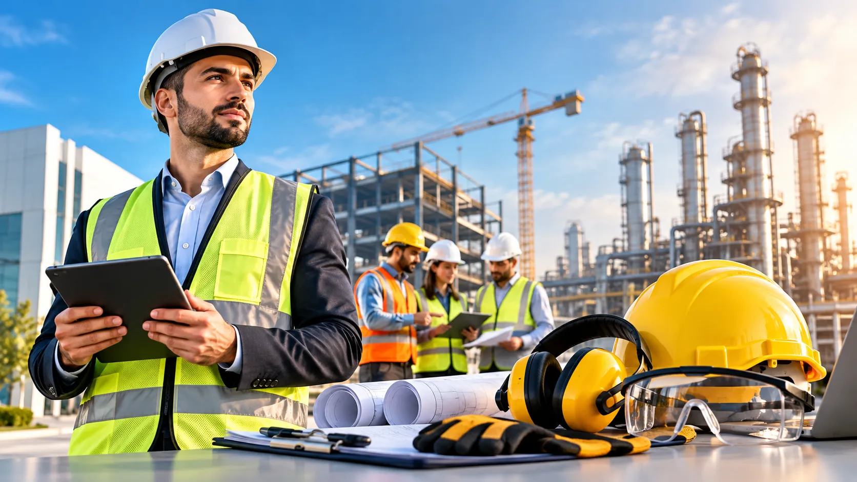Professionals reviewing safety documentation at an industrial facility